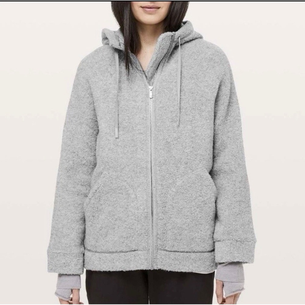 Lululemon So Sherpa Hooded Jacket Fleece Heathered‎ Silver Spoon Full Zip Size 6